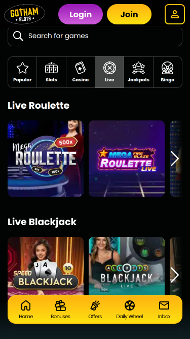 Gotham Slots Casino Mobile avec croupier en direct