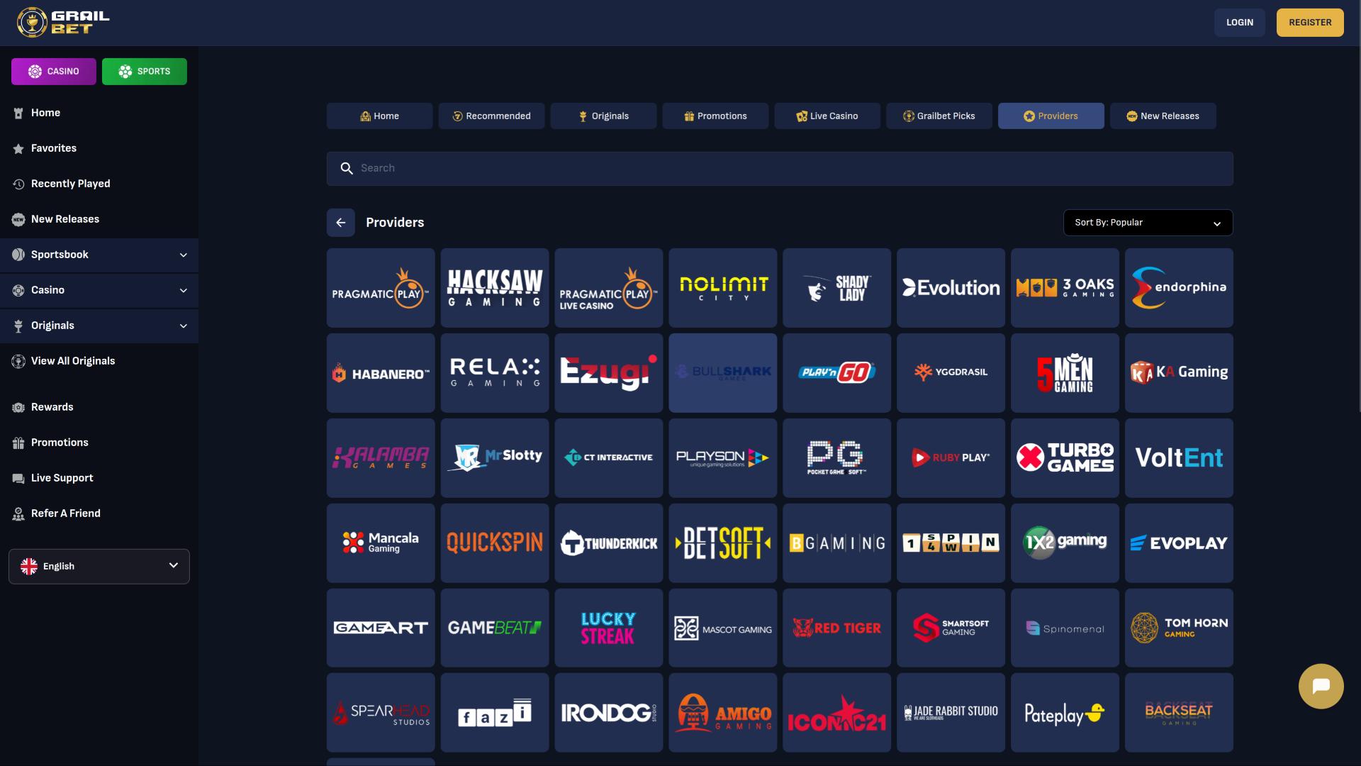 Page des développeurs de jeux du casino Grailbet