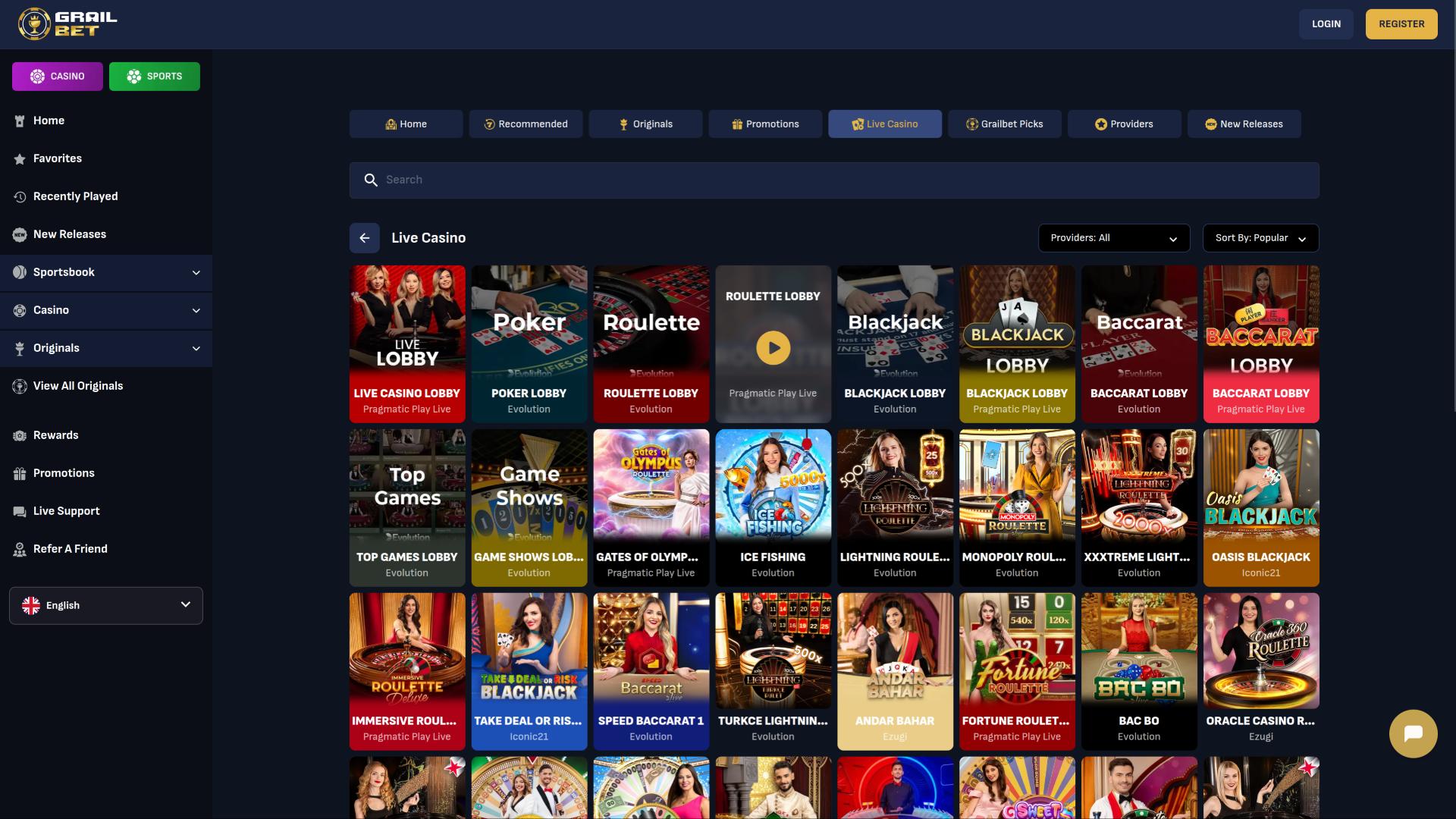 Page de croupier en direct du casino Grailbet