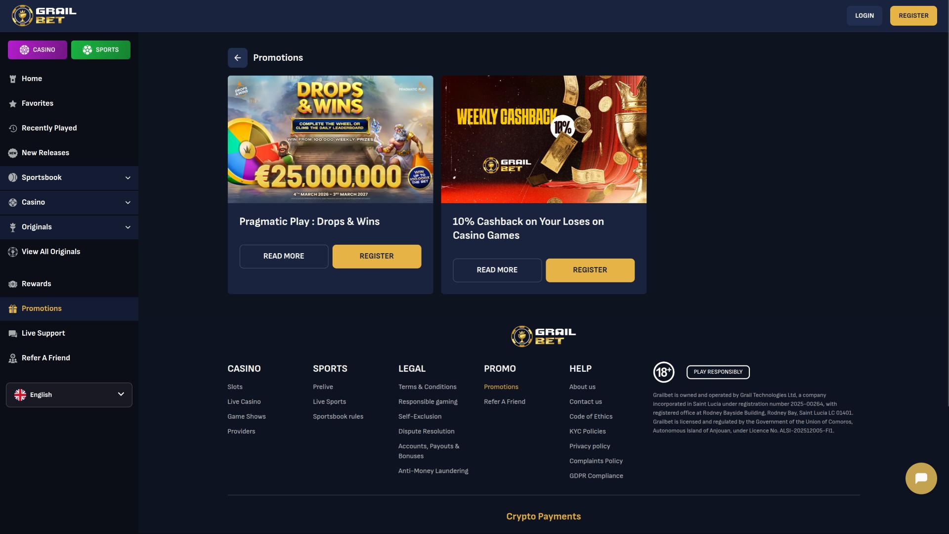 page des promotions du casino Grailbet