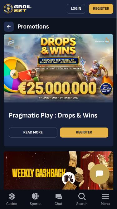 Page mobile des promotions du casino Grailbet