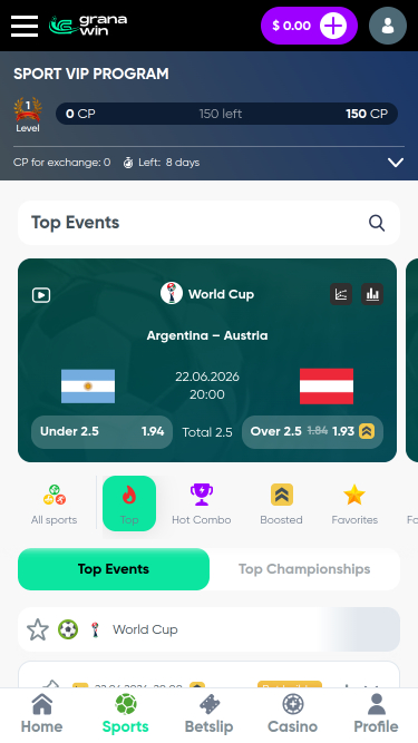 GranaWin Casino спорт мобильное