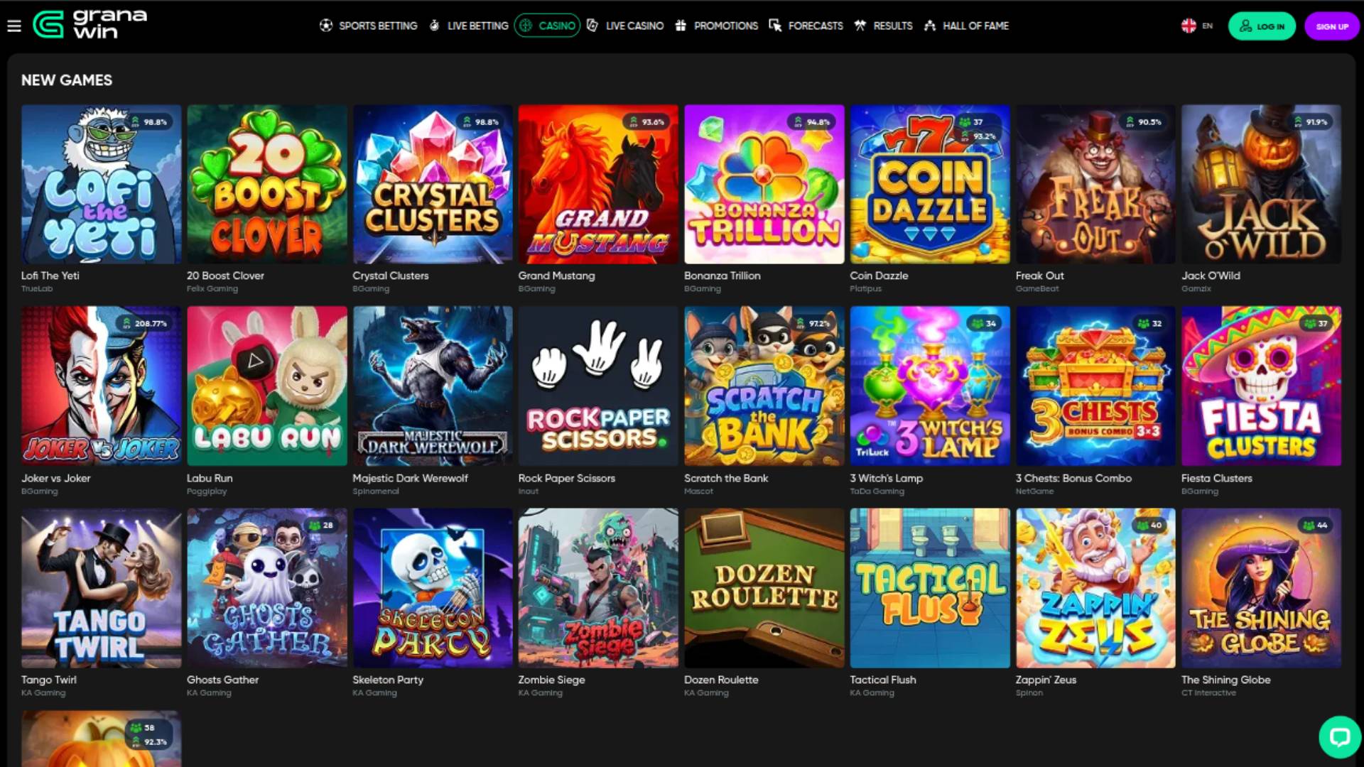 Capture d'écran de la page Jeux du casino GranaWin