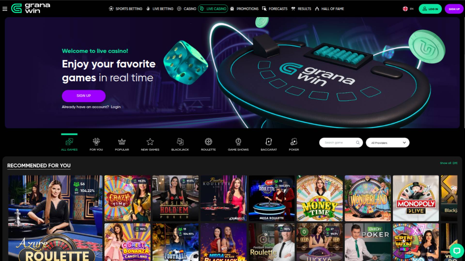 Capture d'écran en direct de la page du casino GranaWin