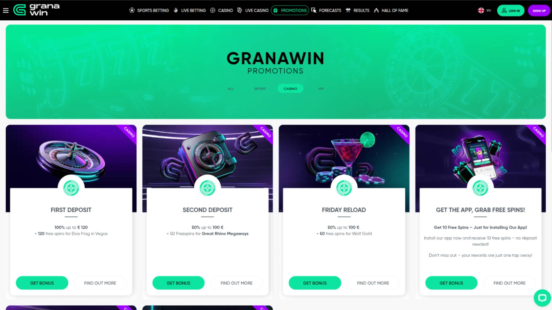 Capture d'écran de la page Promotions du casino GranaWin