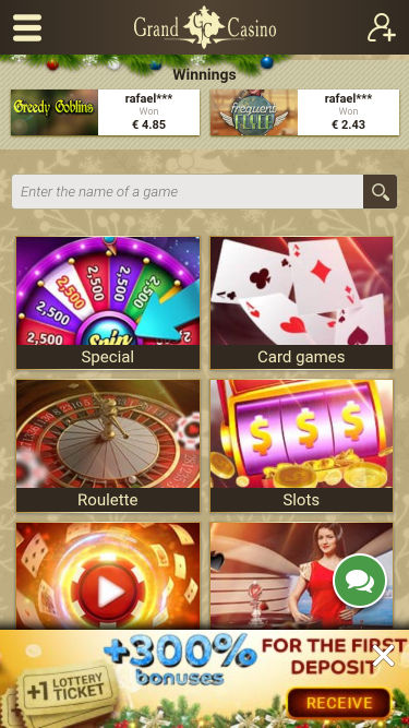 Page d'accueil mobile de Grand Casino