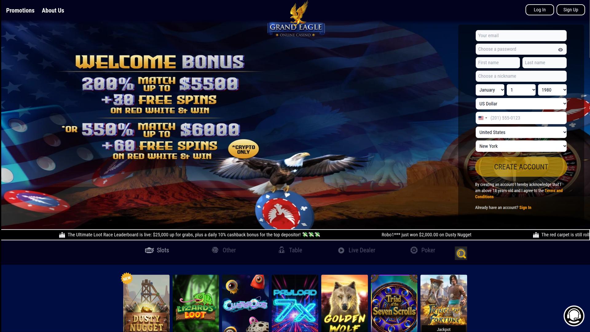 Page d'accueil du casino Grand Eagle (ordinateur de bureau)