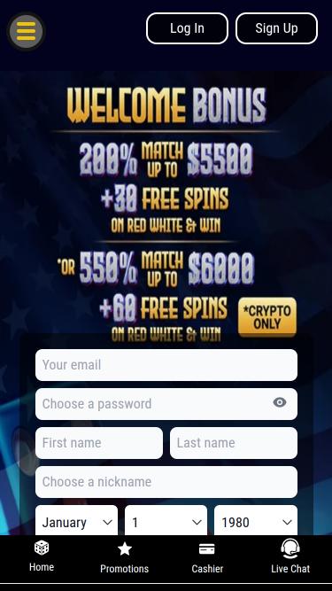 Page d'accueil mobile du Grand Eagle Casino