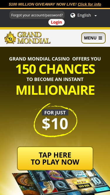Page d’accueil mobile de Grand Mondial Casino