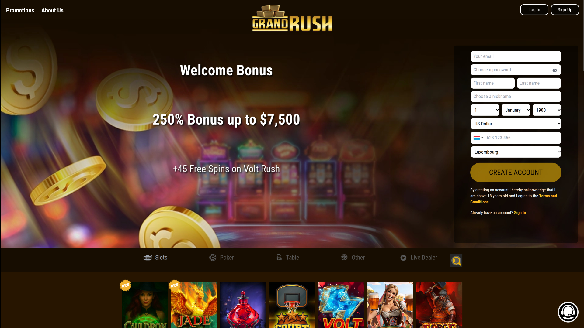 Grand Rush Casino Desktop-Startseite