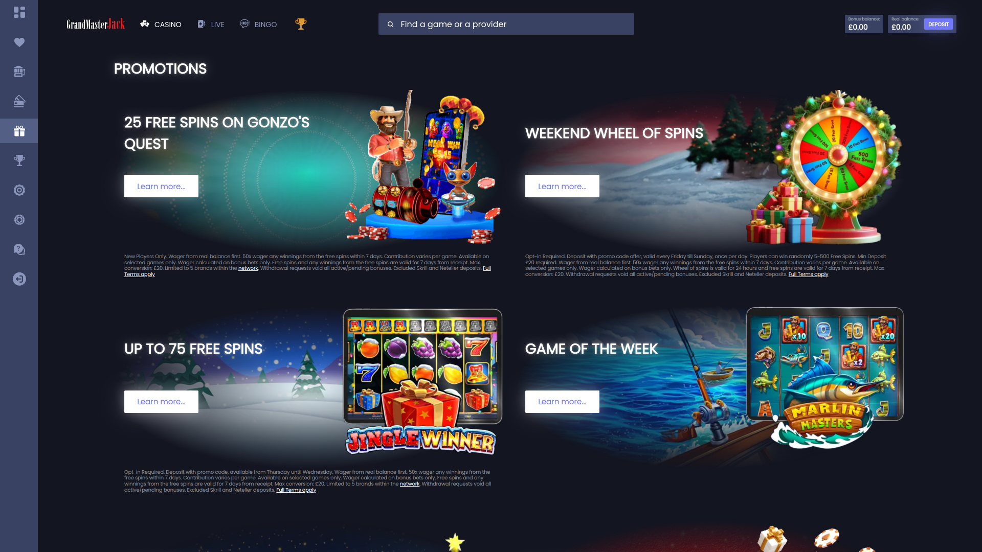 Promotions sur ordinateur de bureau au casino Grand Master Jack