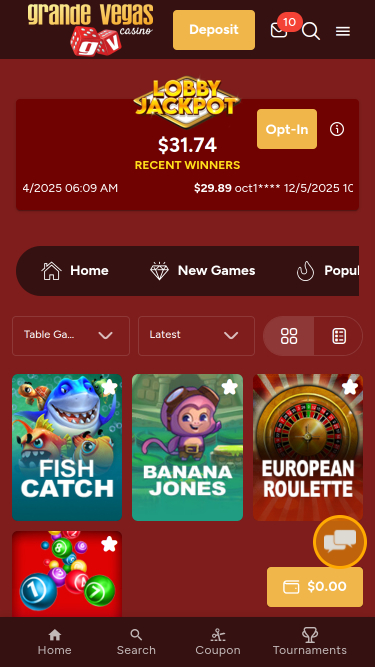 Spécialité mobile du casino Grande Vegas