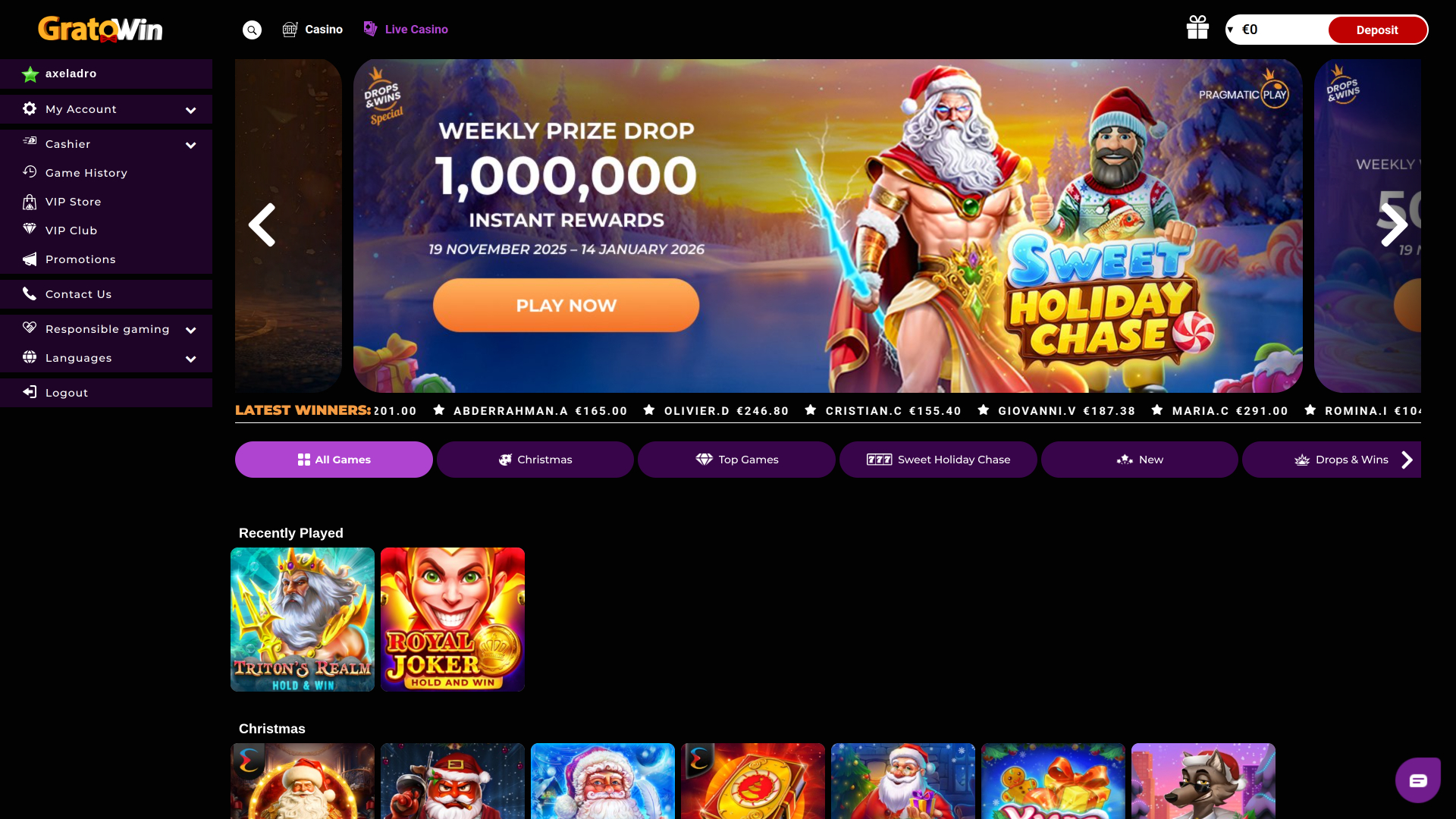 Домашняя страница Grato Win Casino для ПК