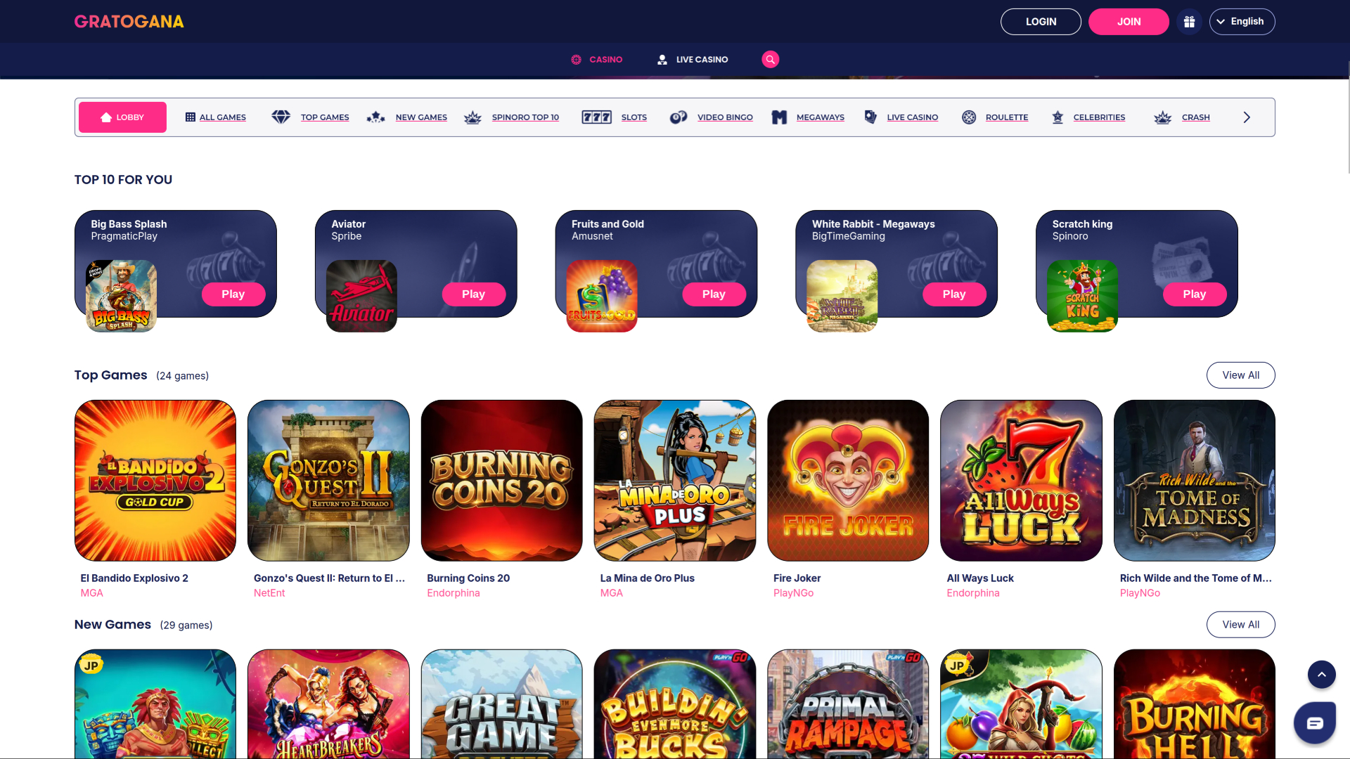 Juegos de escritorio del casino Gratogana