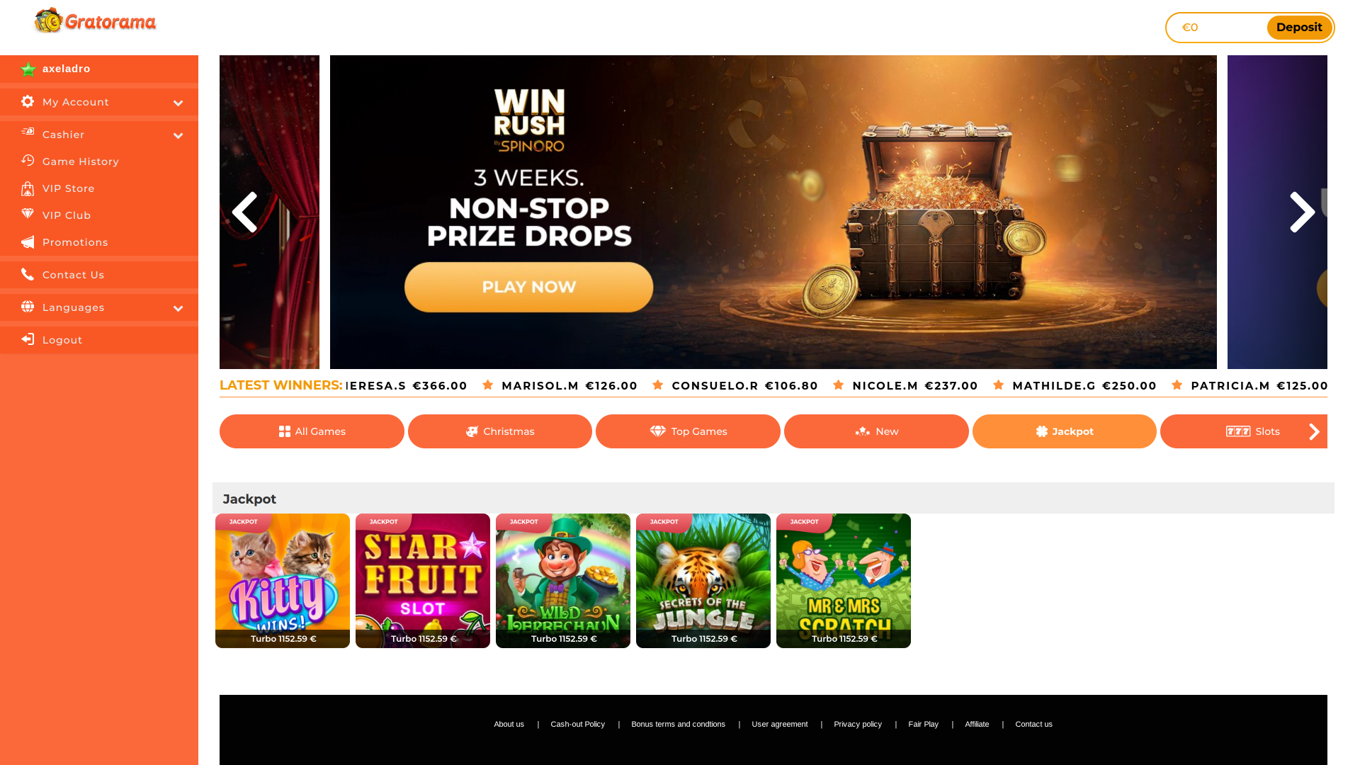 Джекпот на рабочем столе казино Gratorama