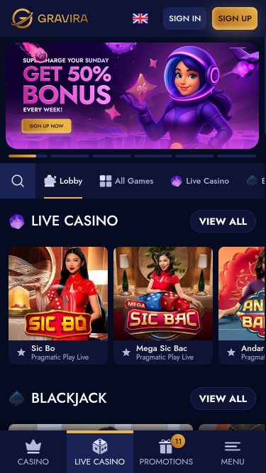 Casino Gravira con crupier en vivo para móviles