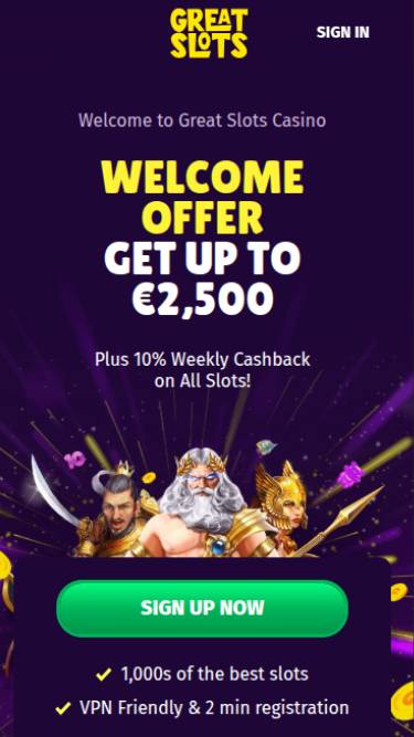Screenshot der mobilen Homepage von Greatslots Casino