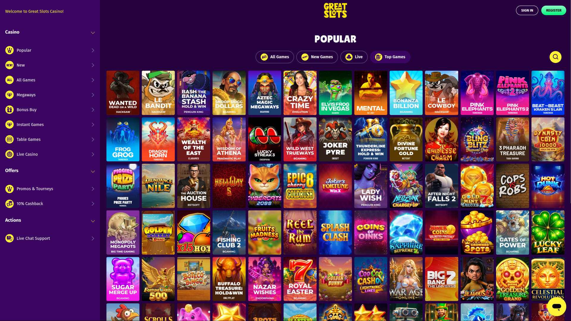 Jeux de casino GreatSlots pour ordinateur