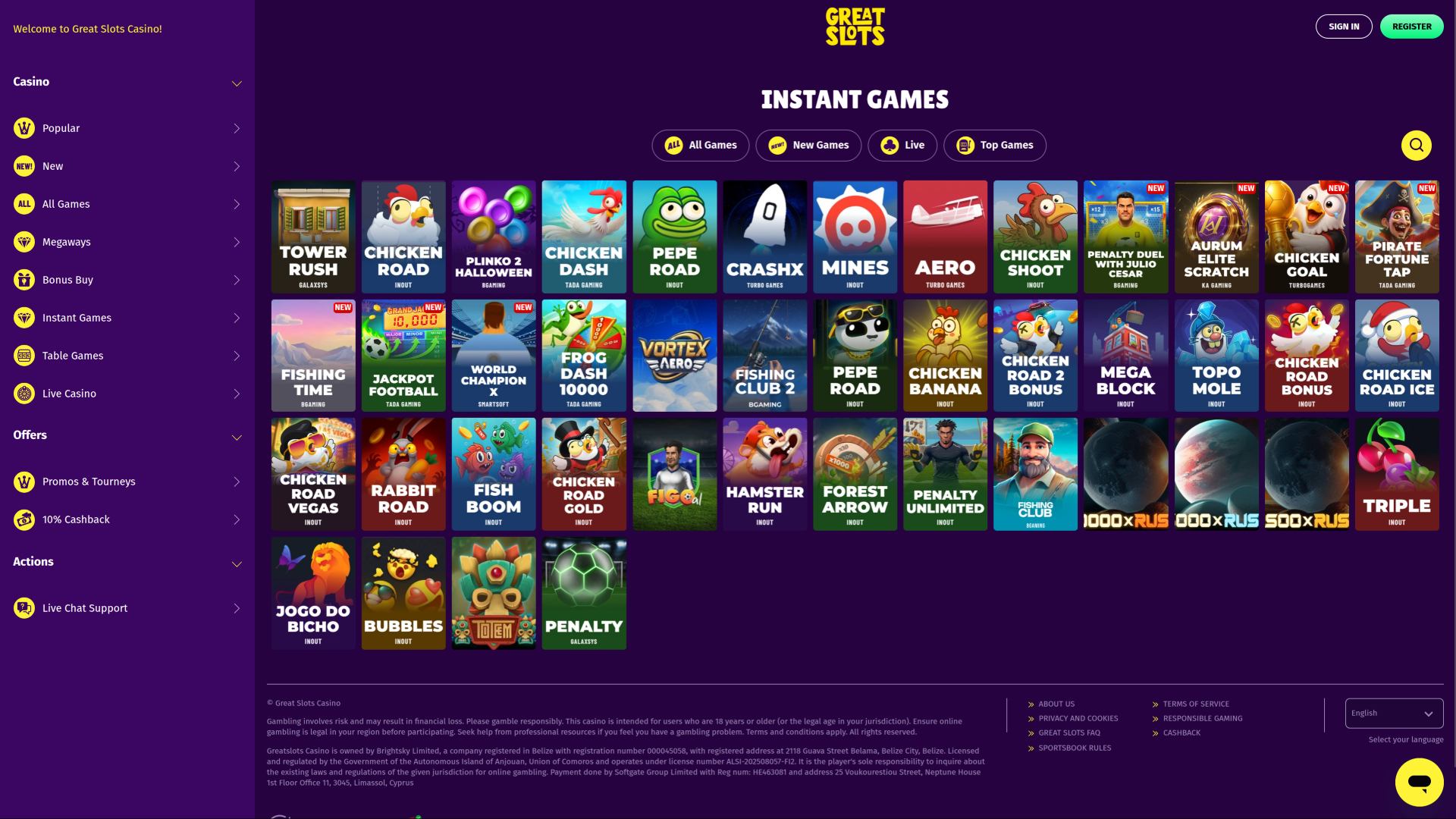 Jeux instantanés de bureau du casino GreatSlots