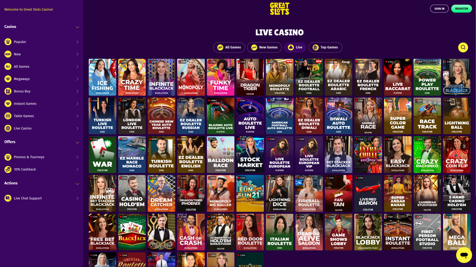 Casino GreatSlots sur ordinateur avec croupier en direct