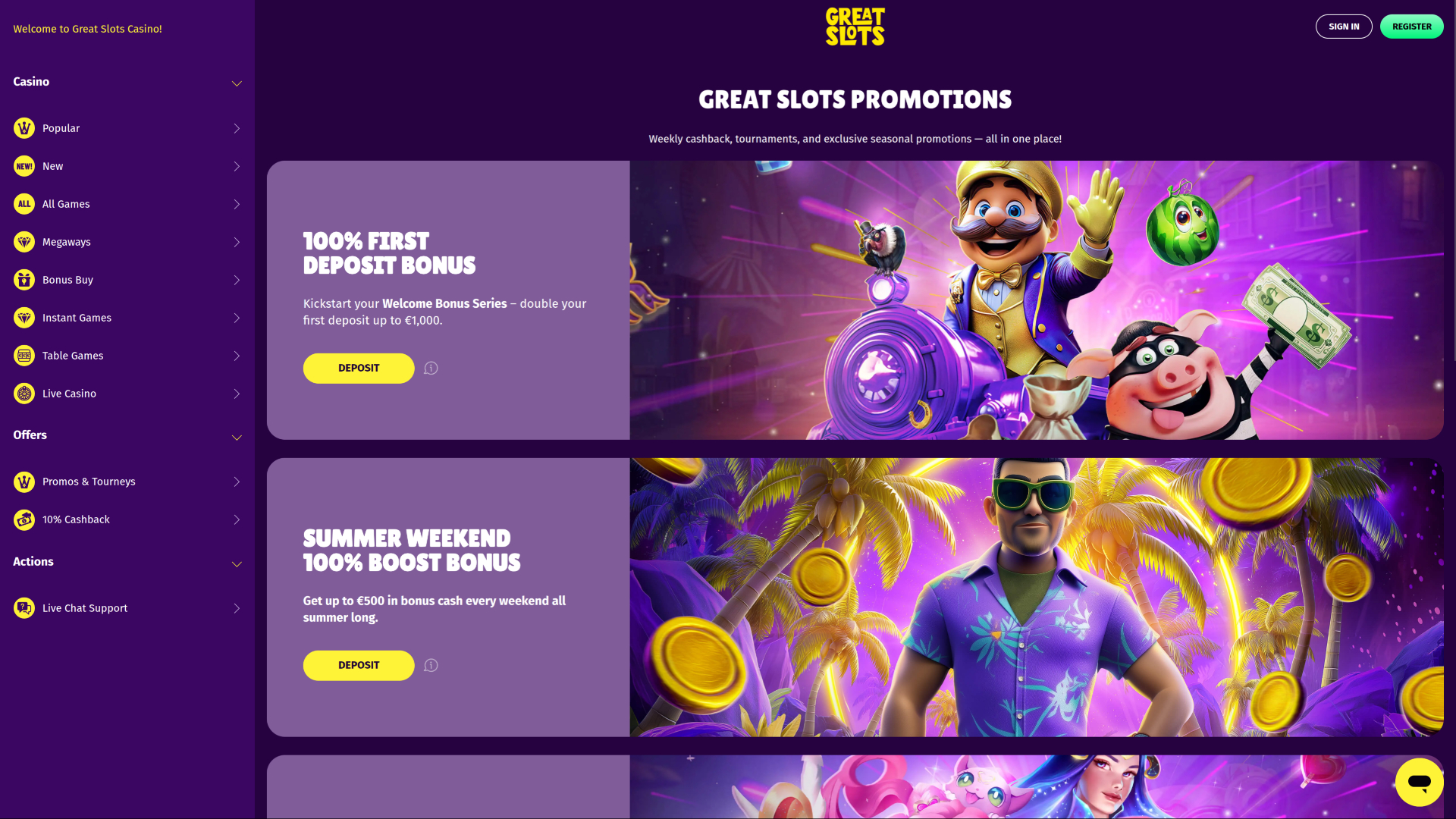 Promotions pour ordinateur de bureau du casino GreatSlots
