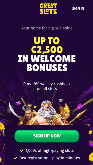 Page d'accueil mobile du casino GreatSlots