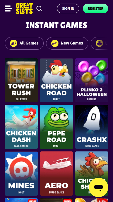Jeux instantanés mobiles du casino GreatSlots