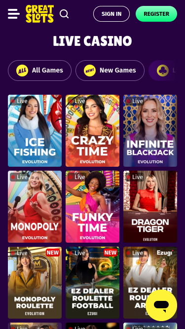 Casino mobile GreatSlots avec croupier en direct