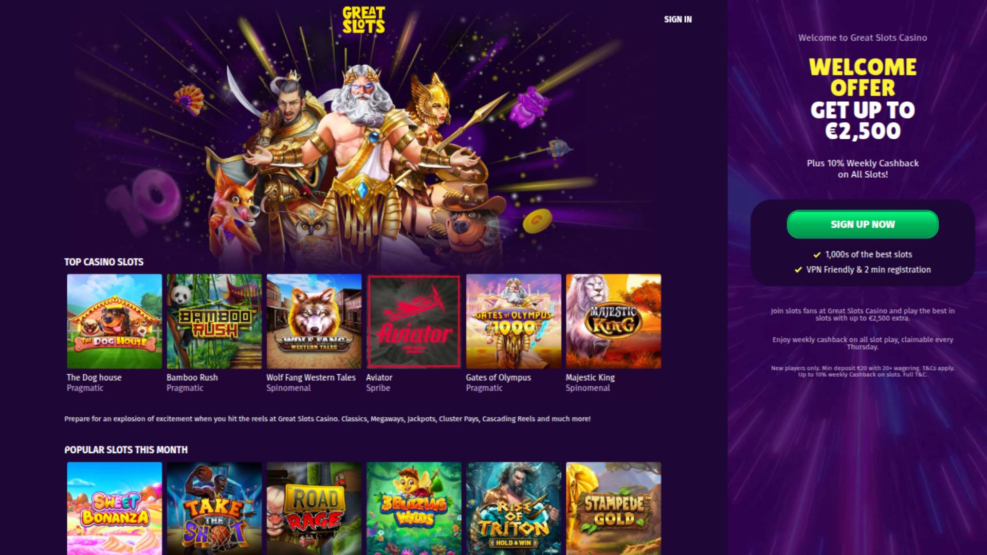 Screenshot der Homepage von Greatslots Casino