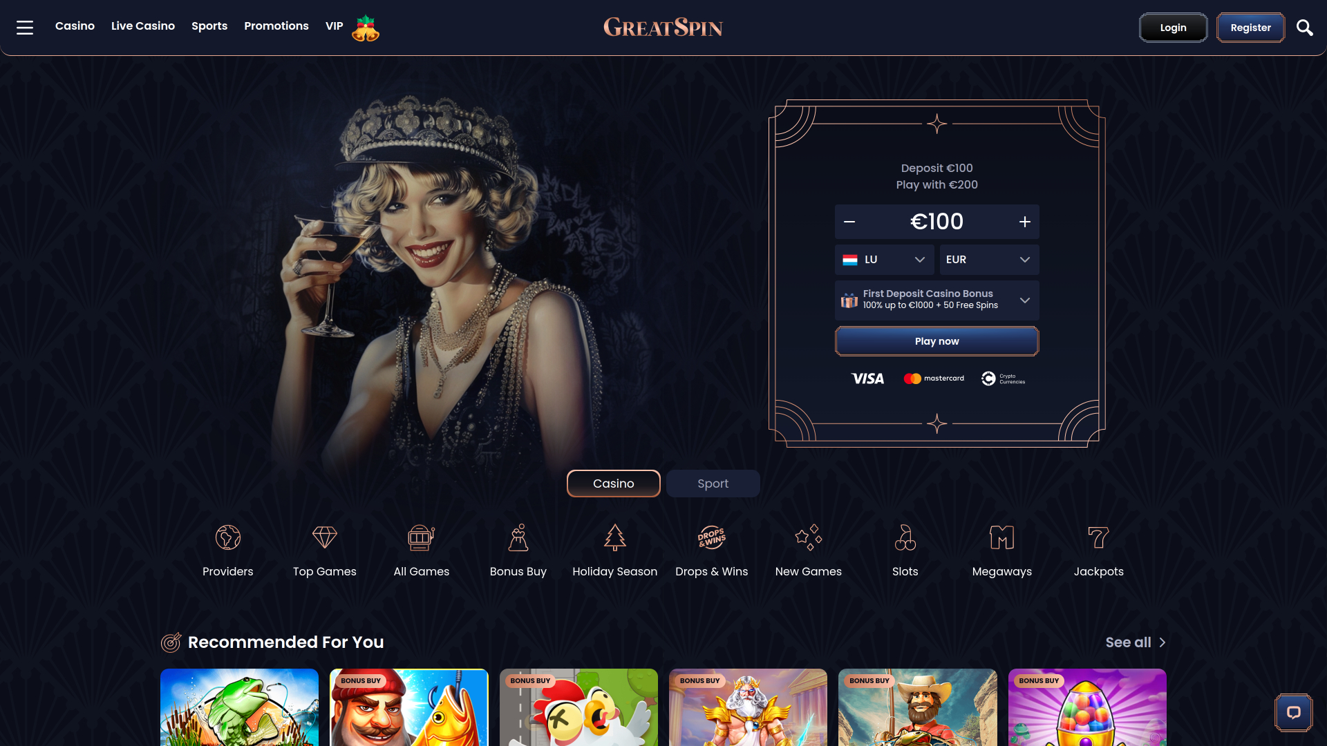 Домашняя страница Greatspin Casino для ПК