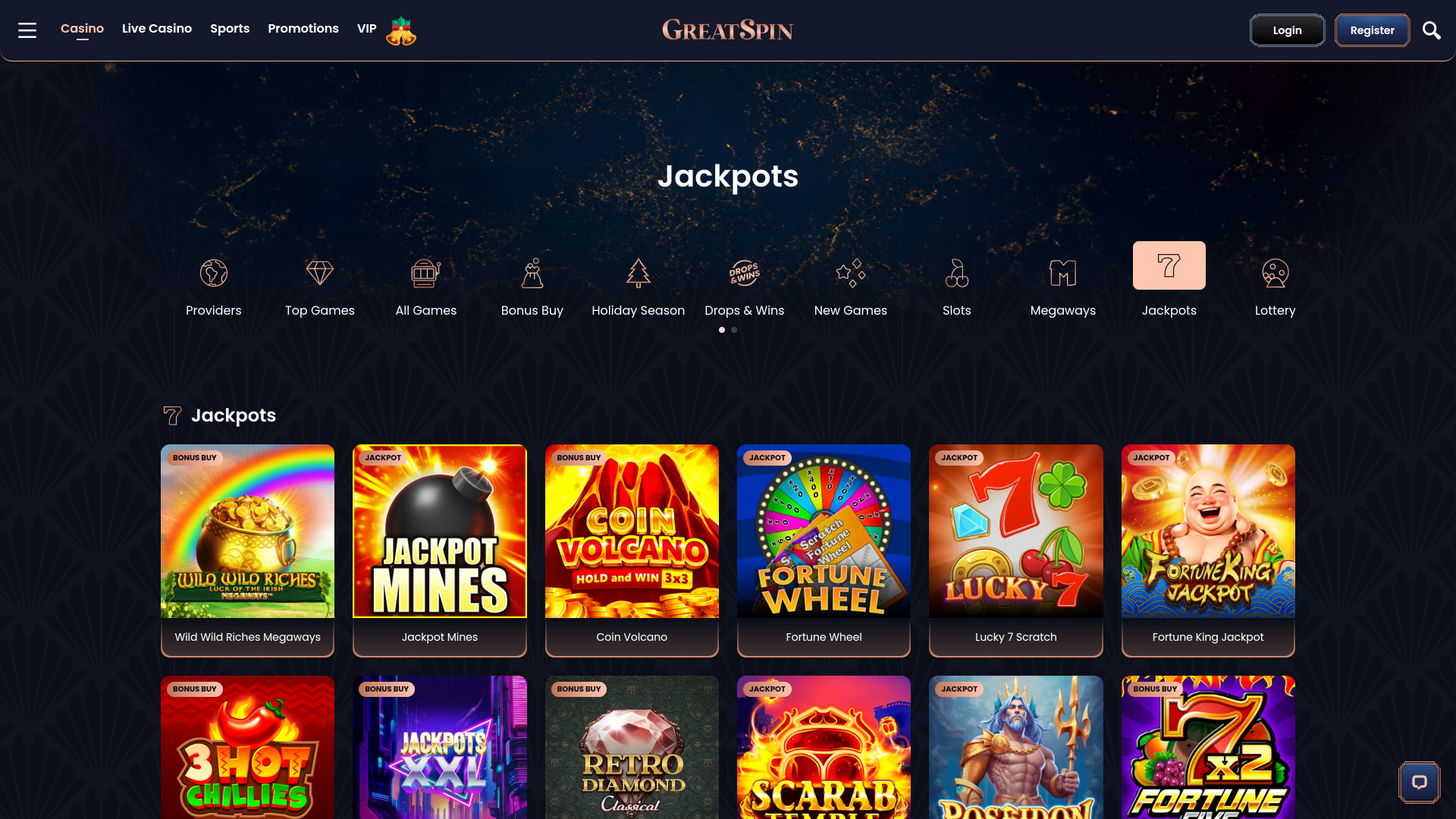 Джекпот на рабочем столе казино Greatspin