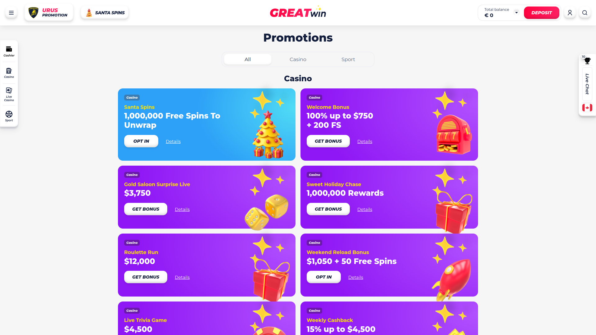 Promotions sur ordinateur de bureau du casino Greatwin