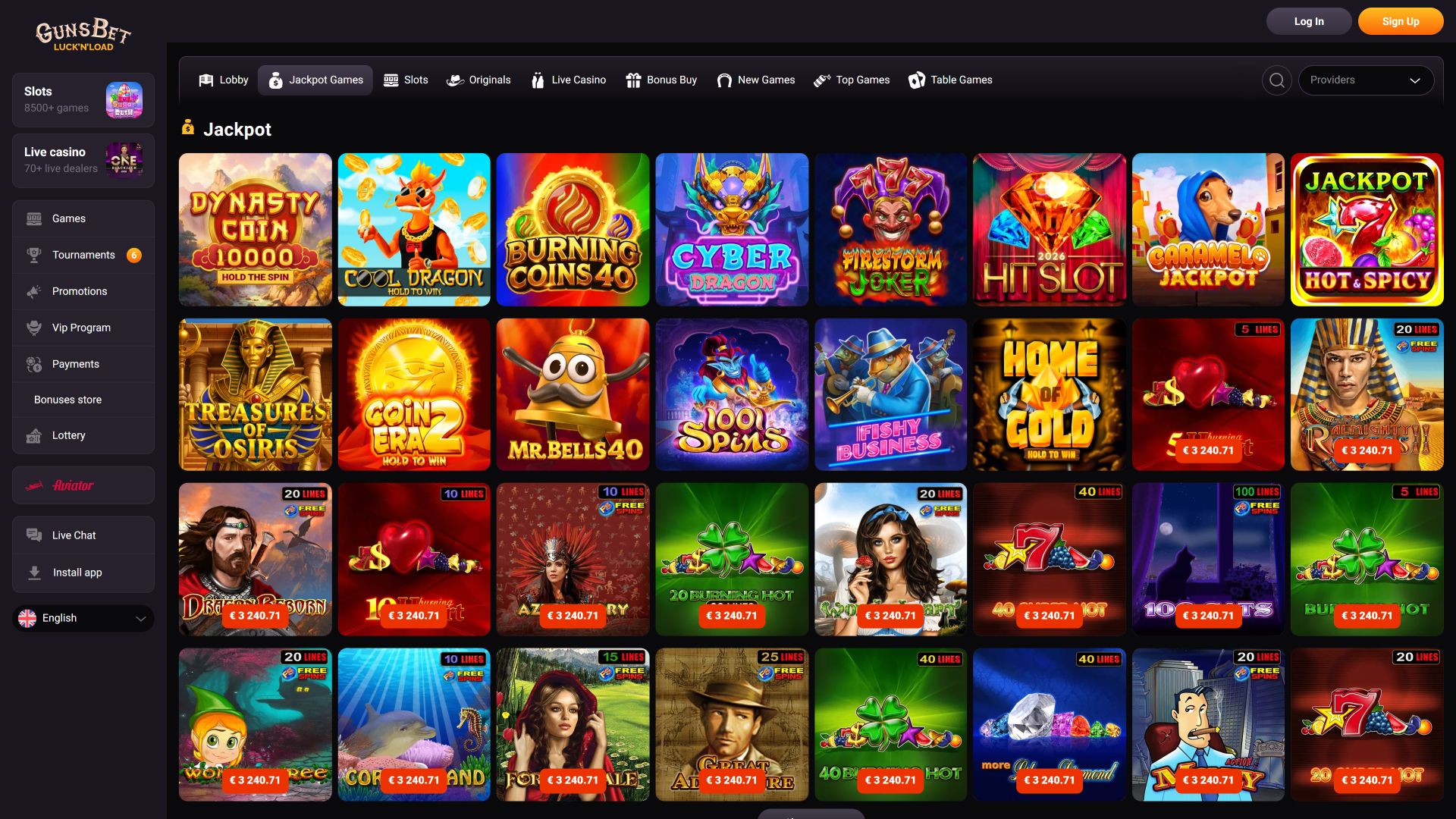 Immagine desktop del casinò Gunsbet Jackpot