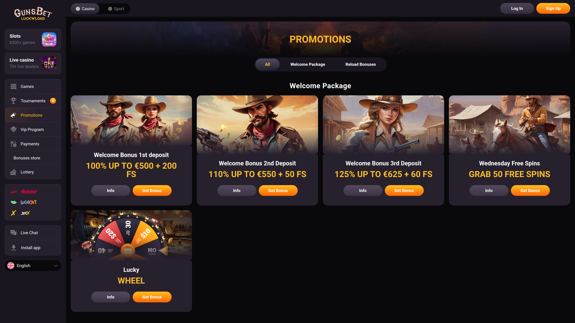 Promozioni desktop del casinò Gunsbet