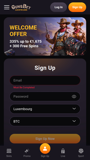 Homepage mobile di Gunsbet Casino