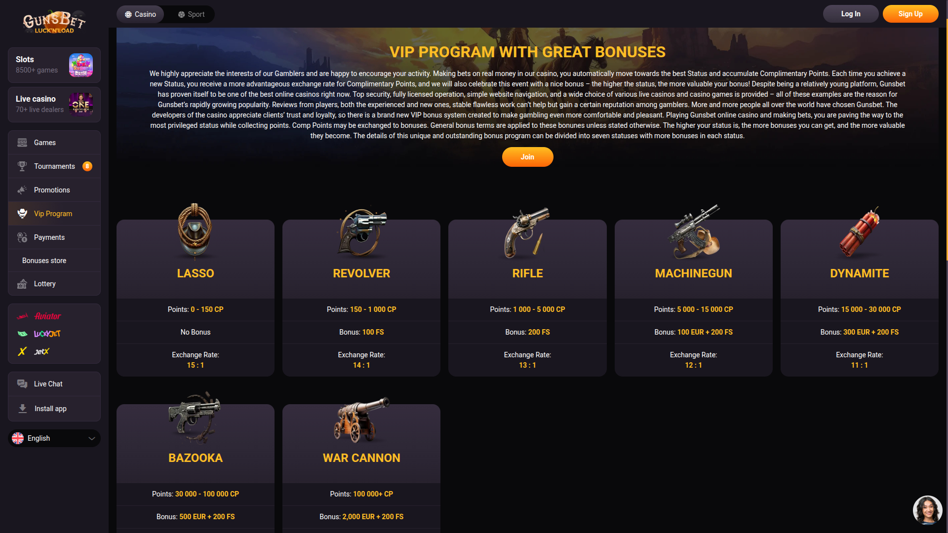 Programma VIP di Gunsbet Casino per Desktop