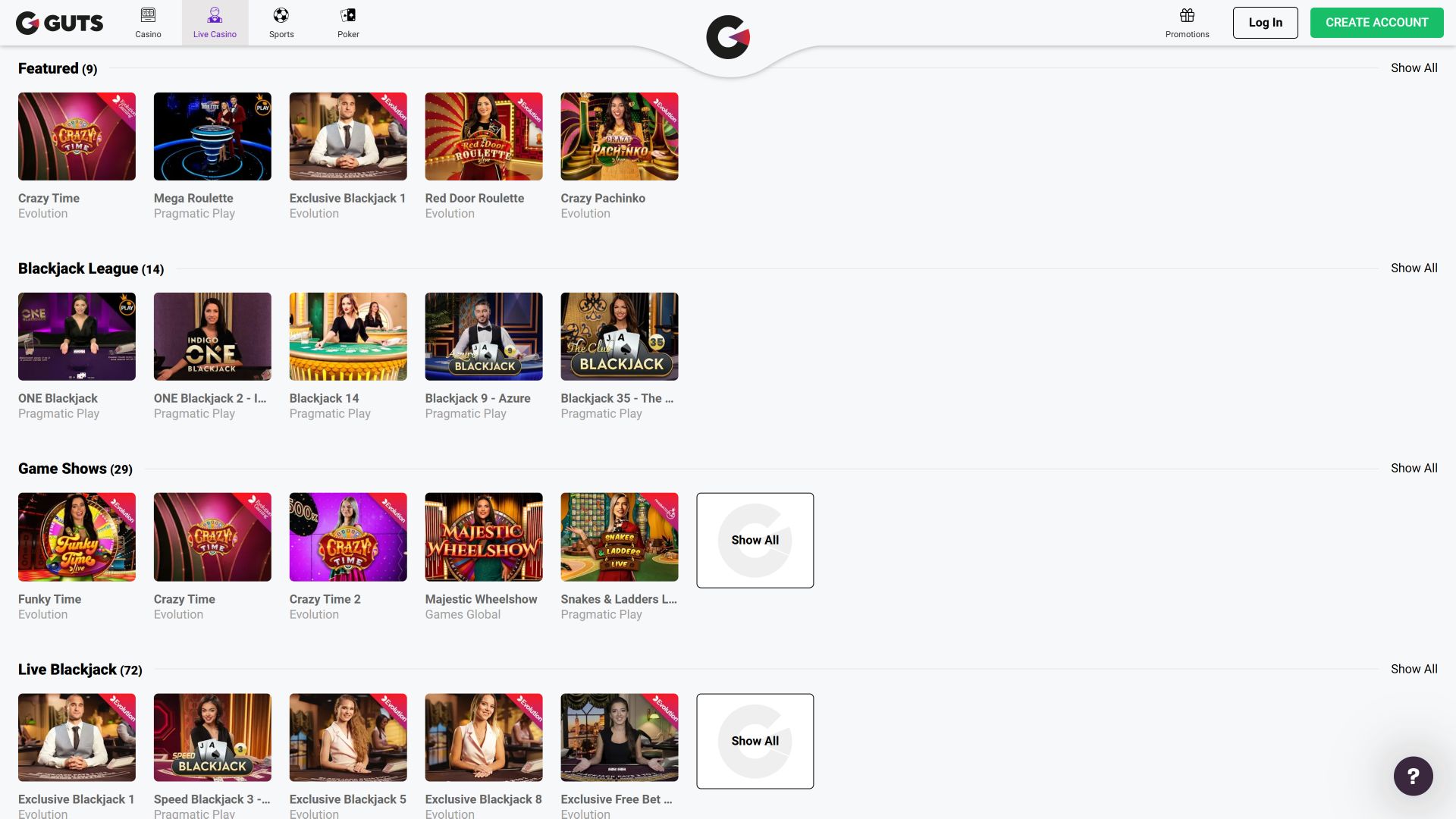 Guts Casino sur ordinateur avec croupier en direct