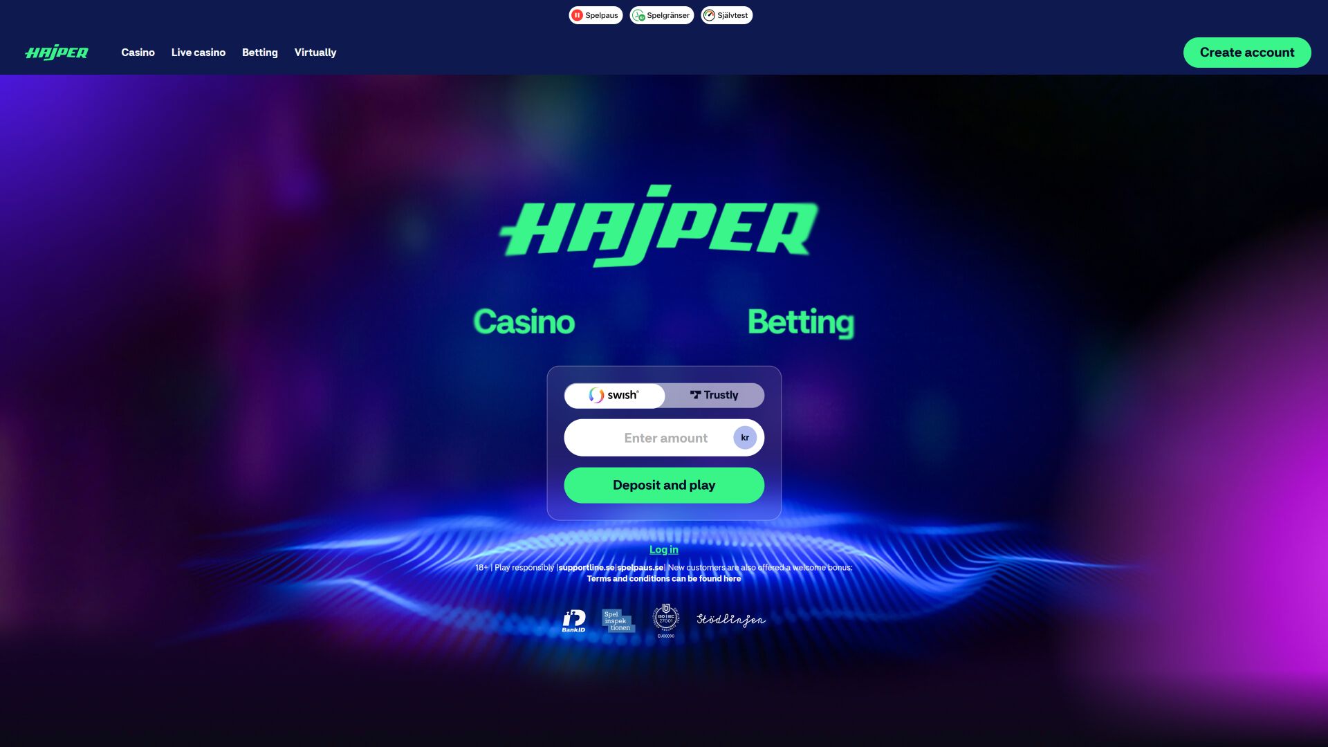 Hajper Casino Desktop Homepage