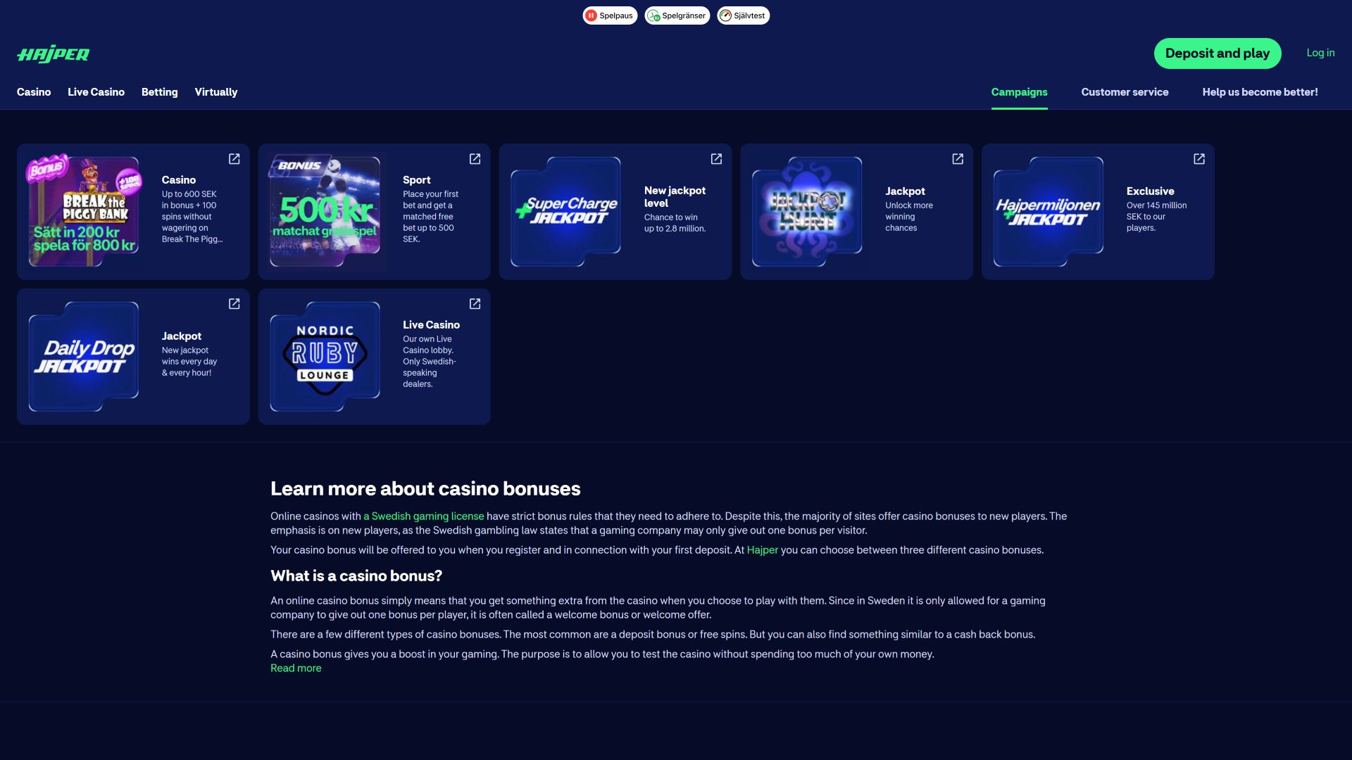 Hajper Casino Desktop Promotions