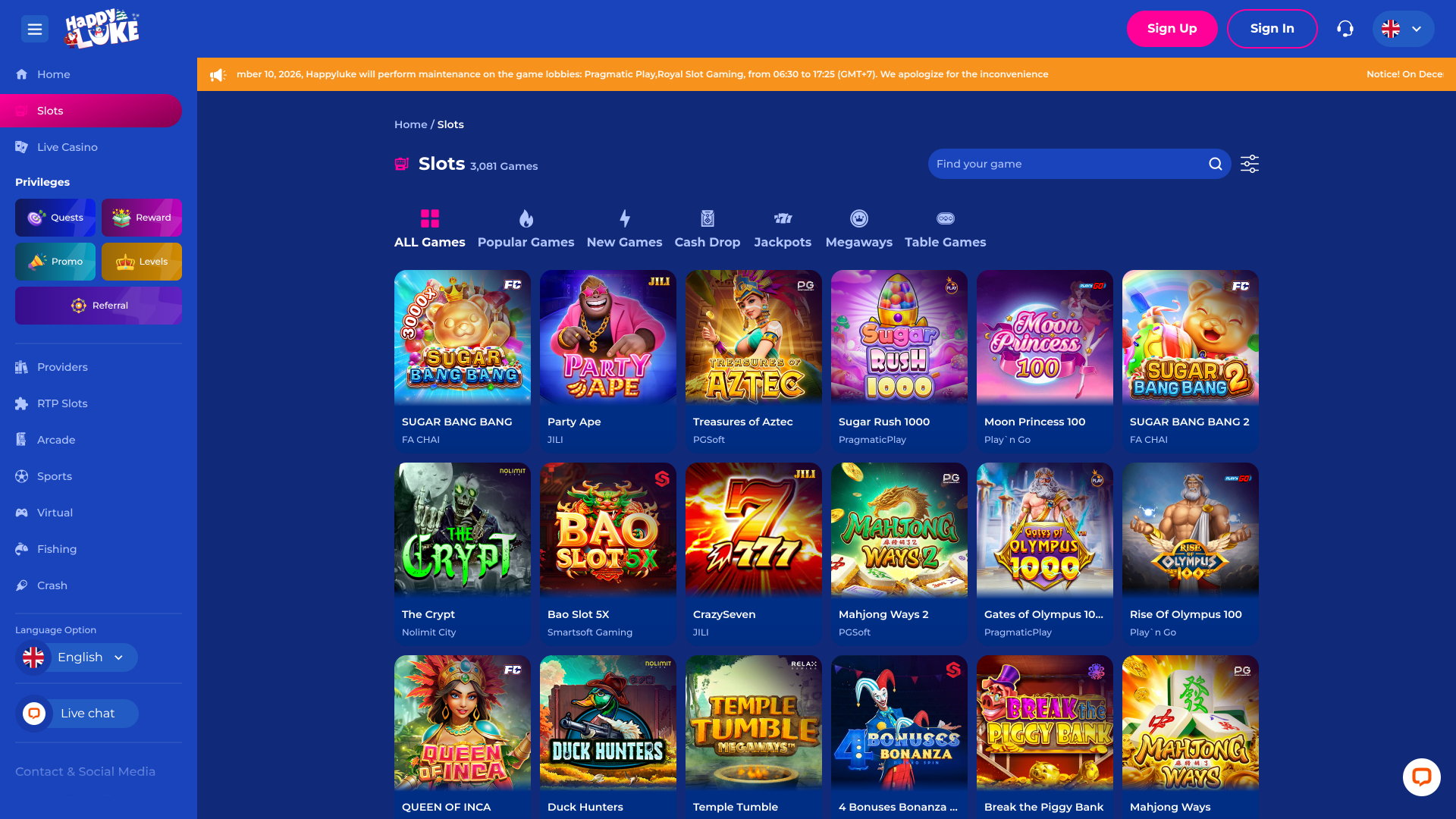 Juegos de escritorio de Happy Luke Casino