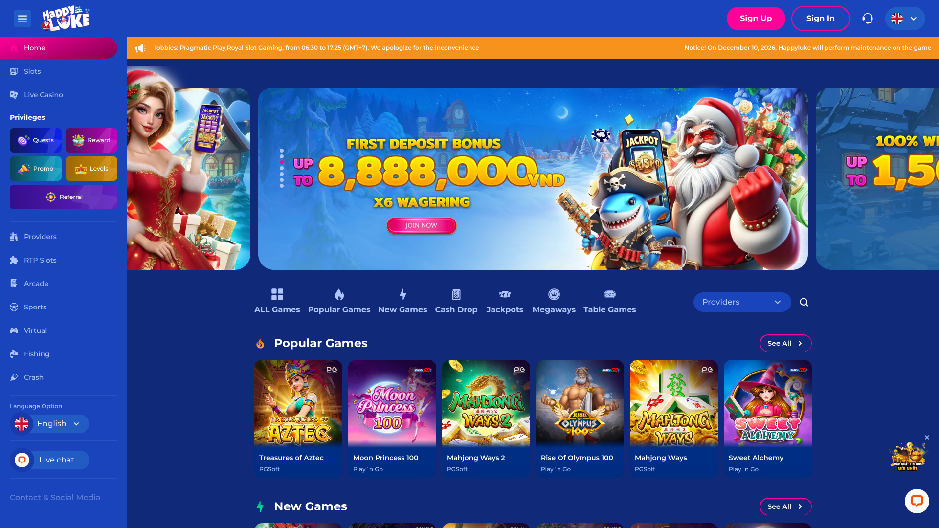 Página de inicio de Happy Luke Casino para escritorio