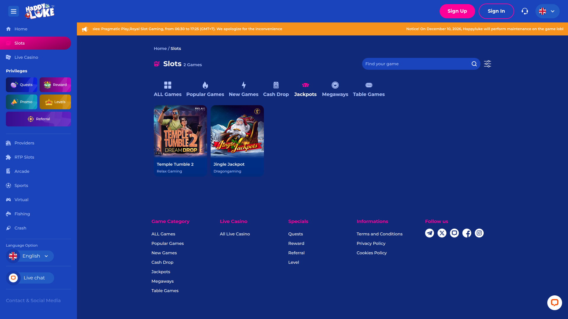 Jackpot de escritorio del casino Happy Luke