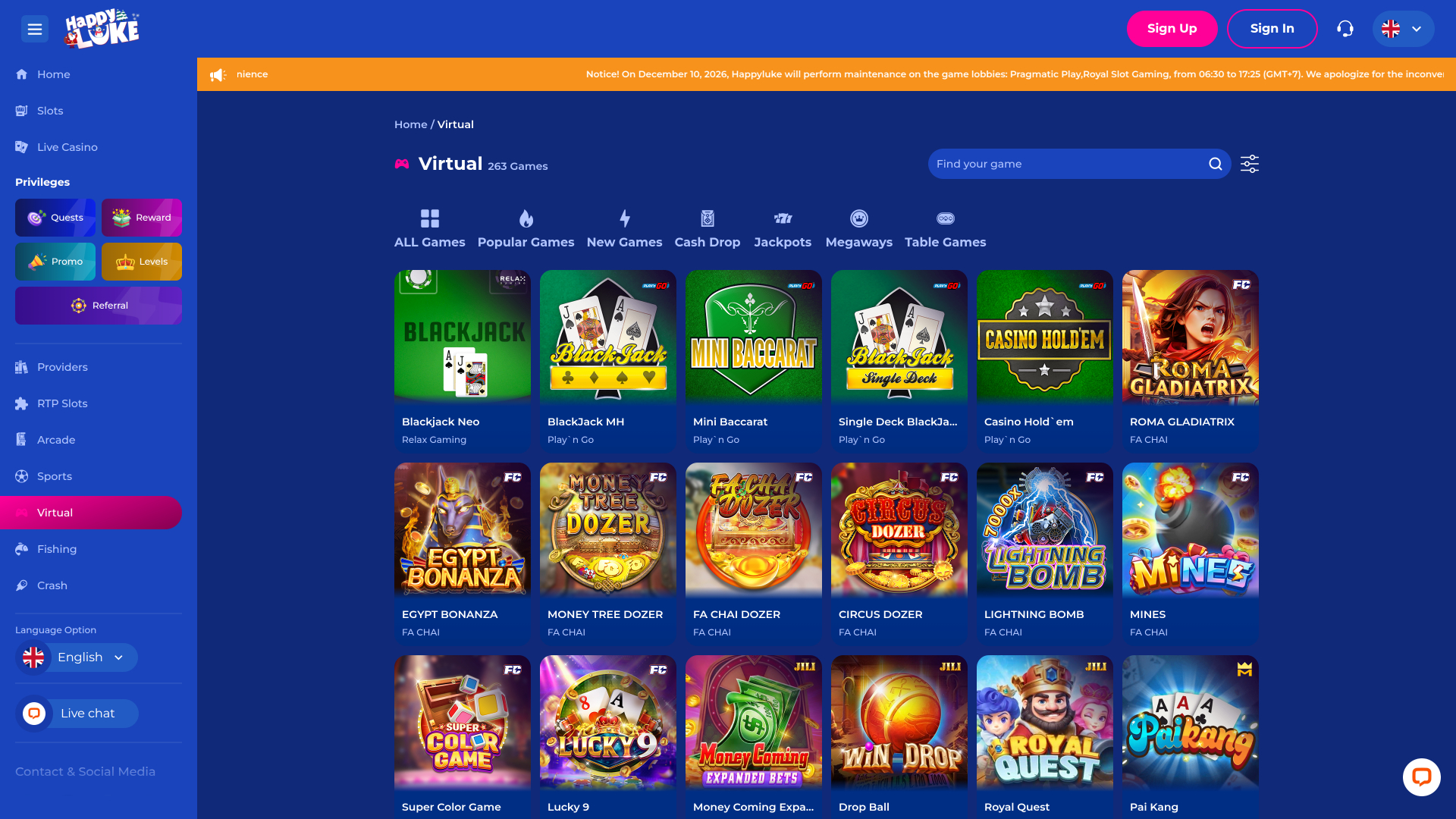 Juegos virtuales de escritorio del casino Happy Luke