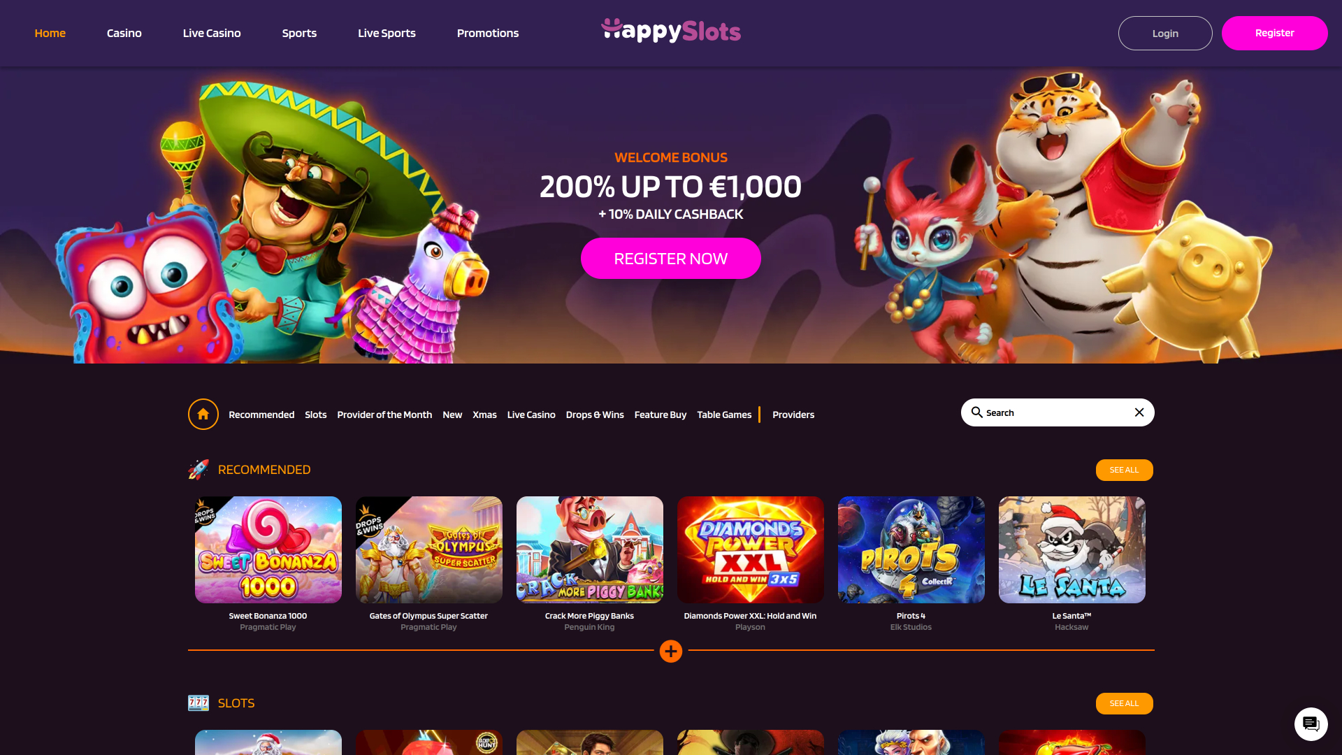 Page d'accueil du casino Happy Slots pour ordinateur