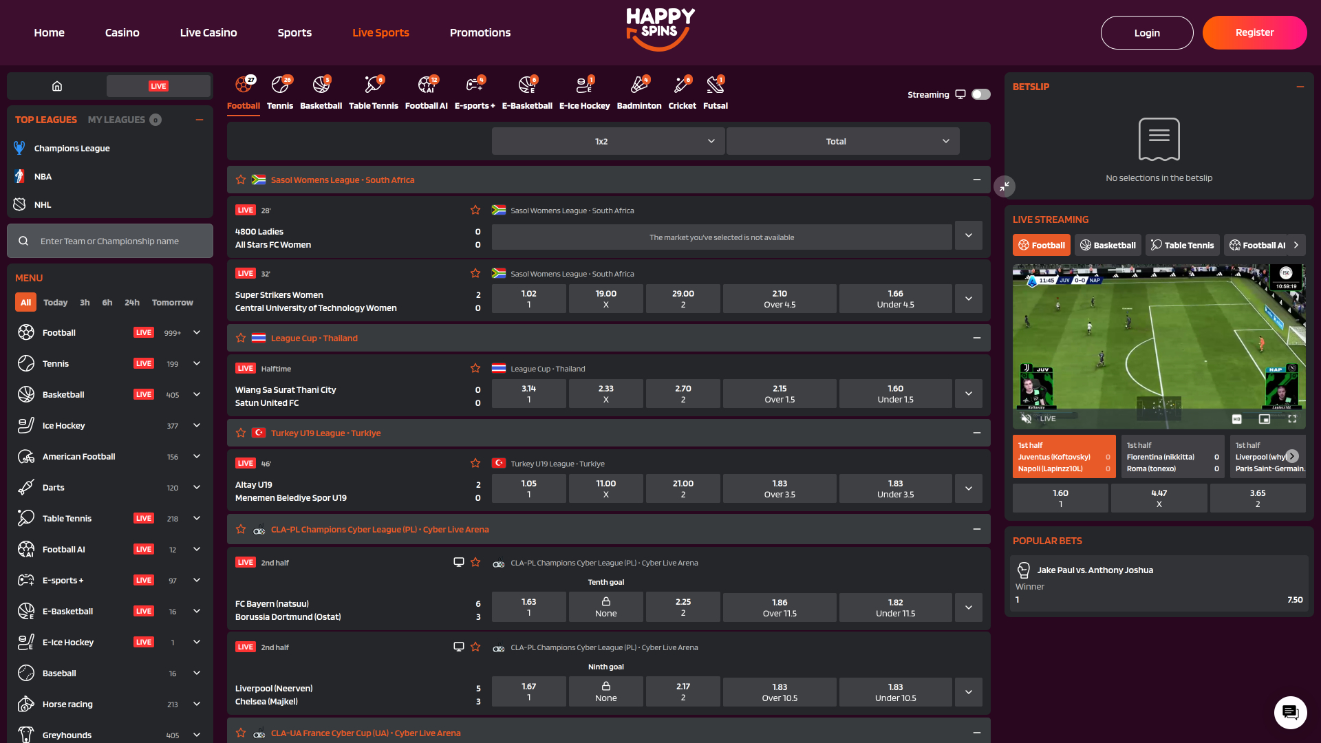 Happy Spins Casino sur ordinateur de bureau Sports en direct