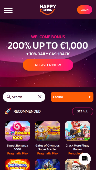 Page d'accueil mobile du casino Happy Spins