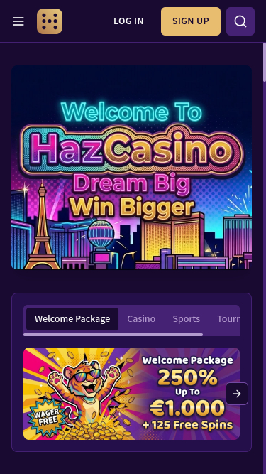Домашняя страница мобильного приложения Haz Casino