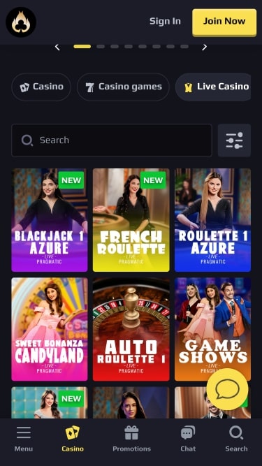 Heats Casino Croupier en direct Mobile