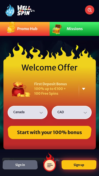 Página de inicio móvil de HellSpin Casino
