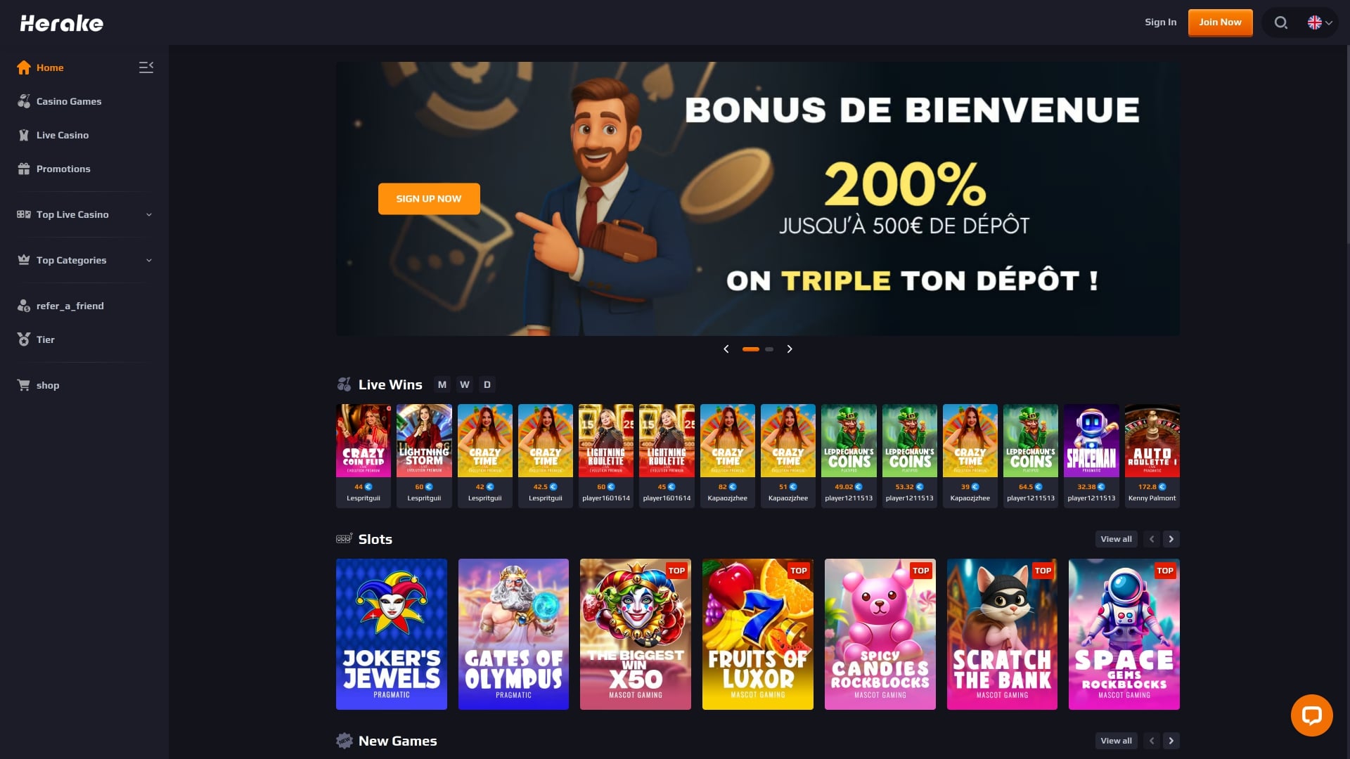 Page d’accueil du casino Herake version bureau